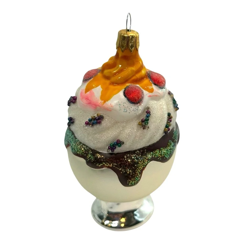Kurt Adler Glass Ice Cream Sundae Christmas Ornament‎ Colombia Glitter Dessert